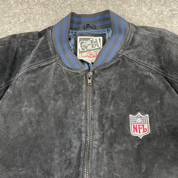 GIII & Carl Banks NFL FedEx Suede Leather Bomber‎ Jacket Mens Large Blue Black - Picture 6 of 13